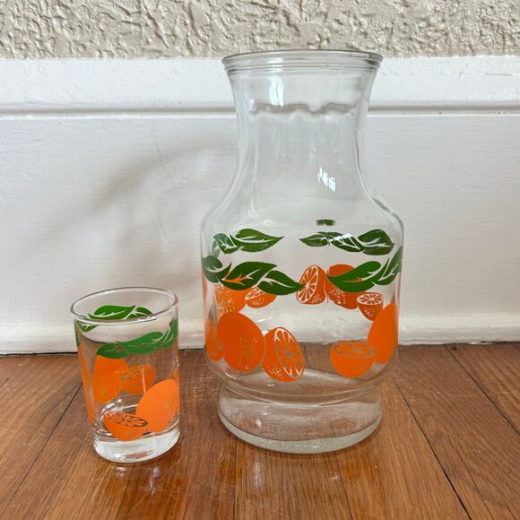 Vintage Anchor Hocking Orange Leaf Pattern, Carafe and Juice Glass set of 2 - Picture 1 of 8